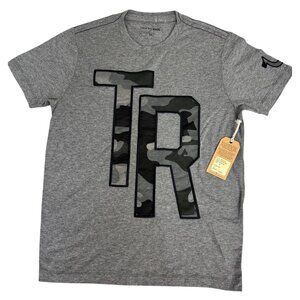 True Religion LOGO Mens M Heather Grey Camouflage TR Applique Tee Shirt NWT